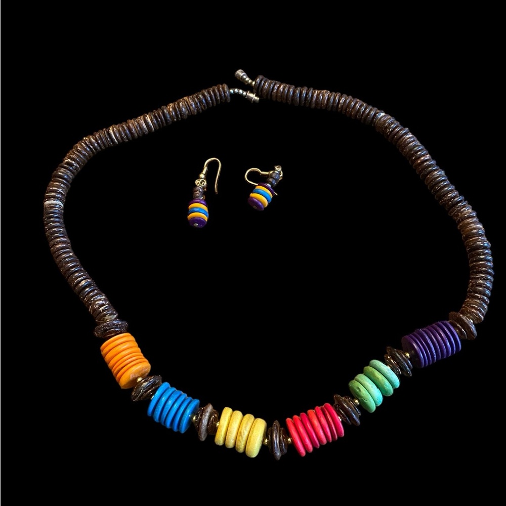 Vintage Boho Coconut Shell Disc Necklace Earring Set Rainbow Chunky 24.5”